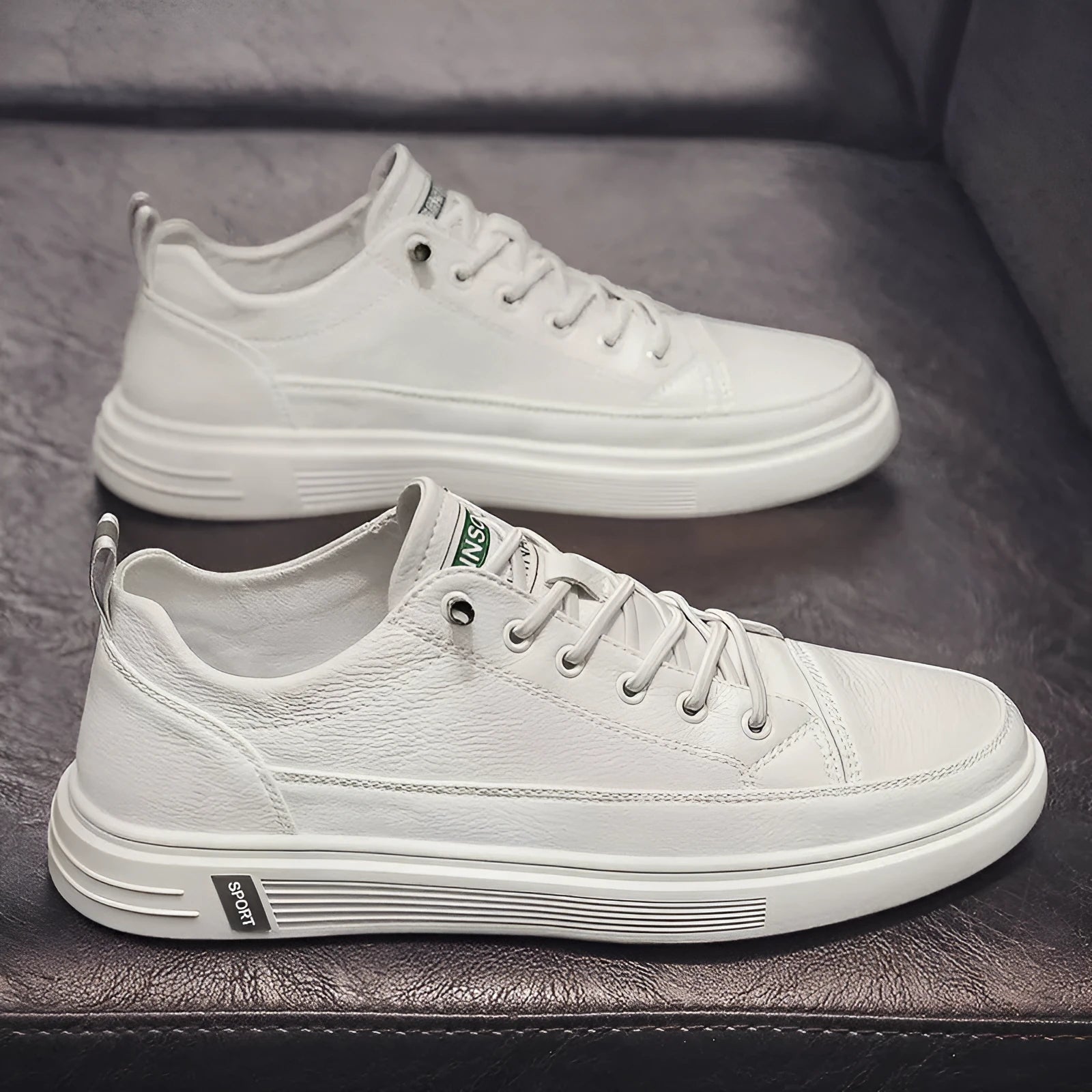 Men's casual white shoes with flat bottom, low heel, round toe, and PU upper in beige, white, or black