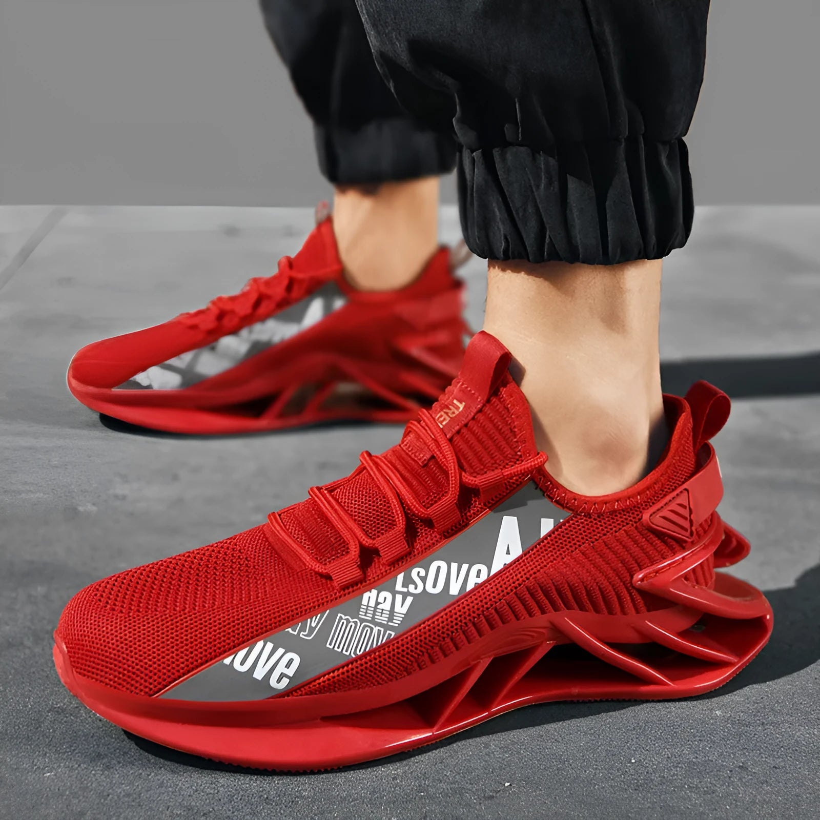 Men's fly woven mesh casual sports shoes with embroidery details in black, red, white, or blue colours