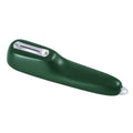 Dark green kitchen peeler with storage tube, non-slip handle, and stainless steel blade on a kitchen counter.