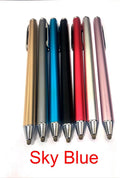 A black metal stylus with a fine silver tip on a touch screen tablet, showing a detailed line drawing.