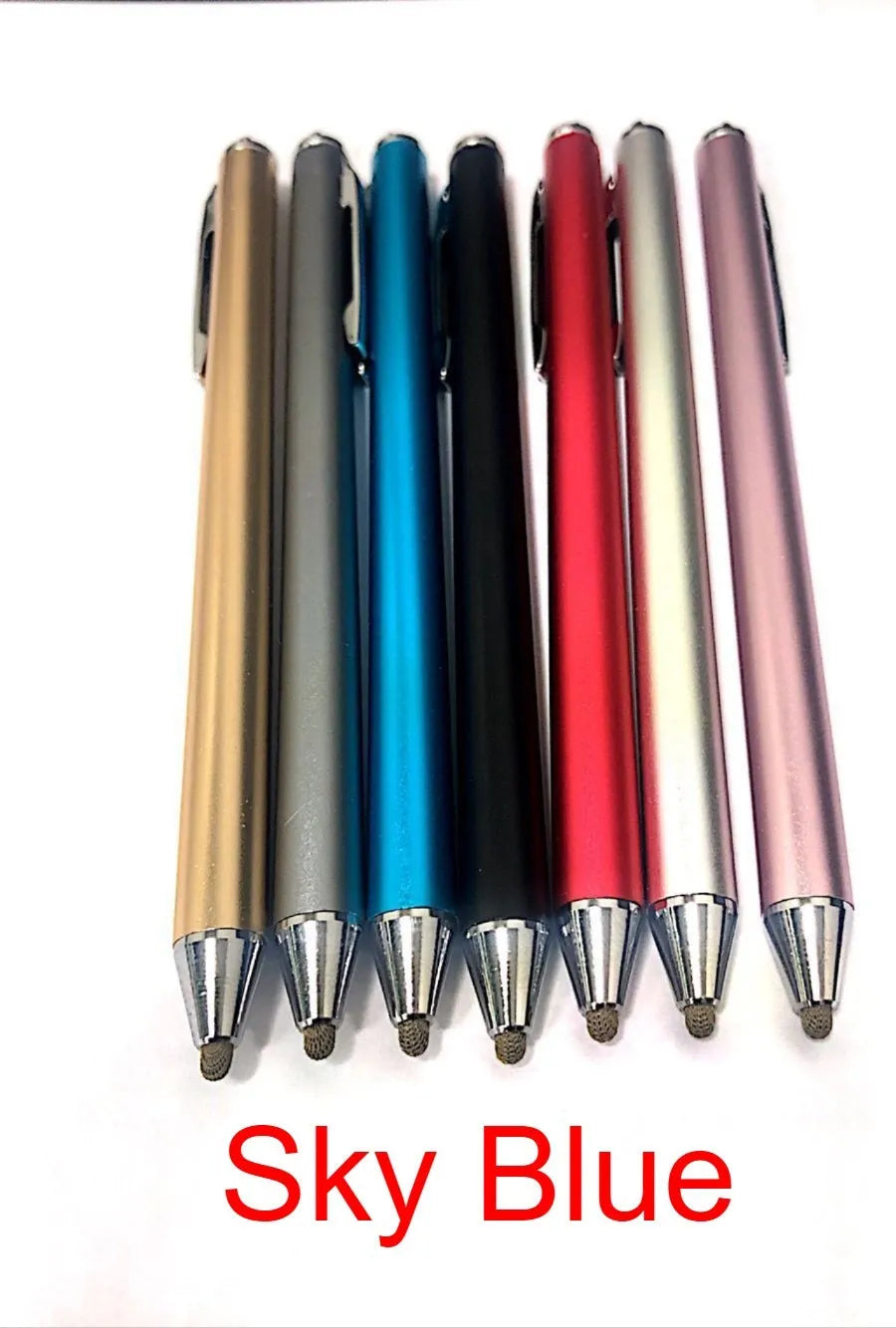 A black metal stylus with a fine silver tip on a touch screen tablet, showing a detailed line drawing.