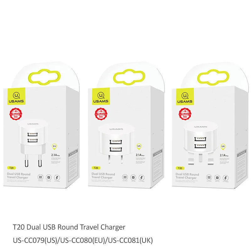 White portable universal dual USB phone charger with US EU UK plug compatibility and 39mm diameter