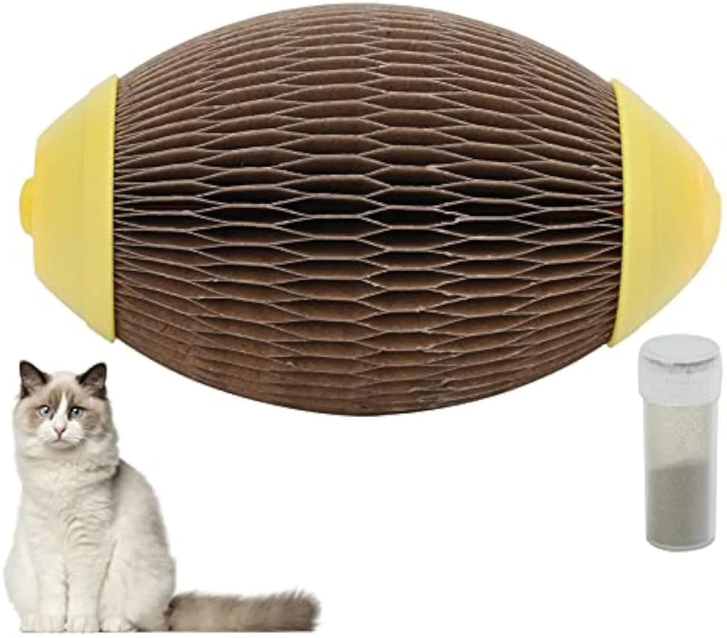 Elliptical corrugated paper catnip ball toy for scratching and play.