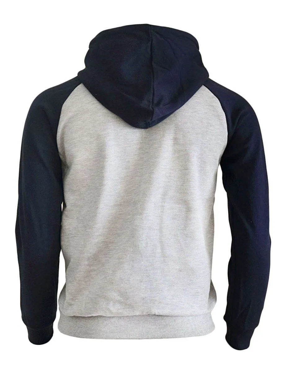 Men's loose fit hoodie in dark blue grey with letter print, hood, long sleeves, and front pockets