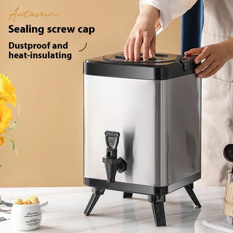 Silver stainless steel milk tea bucket with square lock lid showing 8 litre capacity