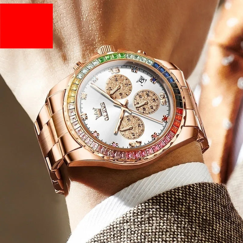 Multi-functional three-eye quartz men's watch with stainless steel strap and rose gold face on white background