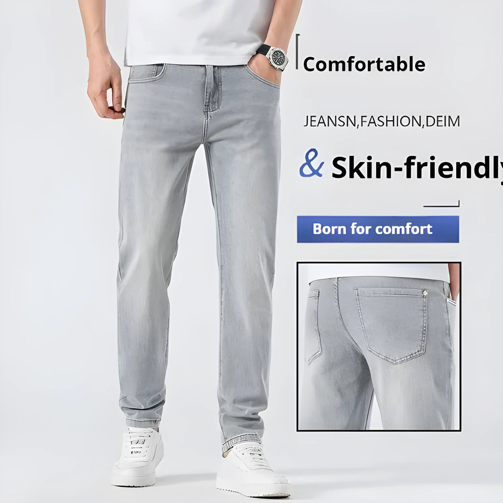 Men's light wash slim straight leg jeans in light grey cotton with no-iron finish