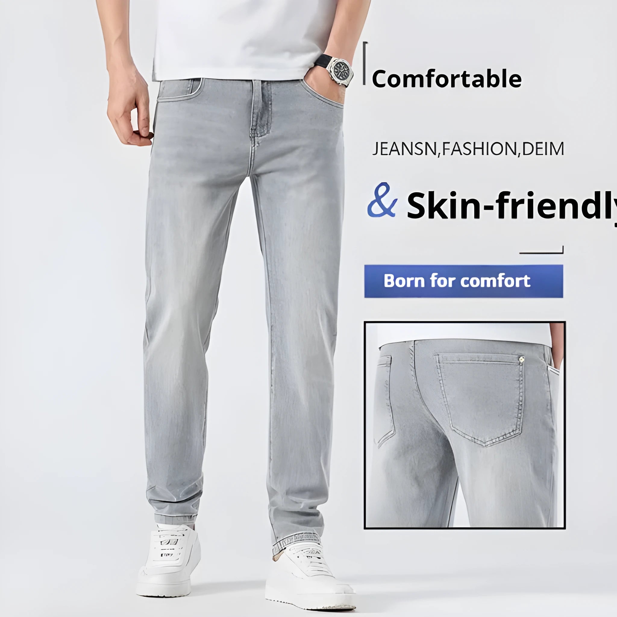 Men's light wash slim straight leg jeans in light grey cotton with no-iron finish
