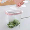 Blue plastic T-shaped kitchen garbage bag storage rack holding a roll of bin liners.