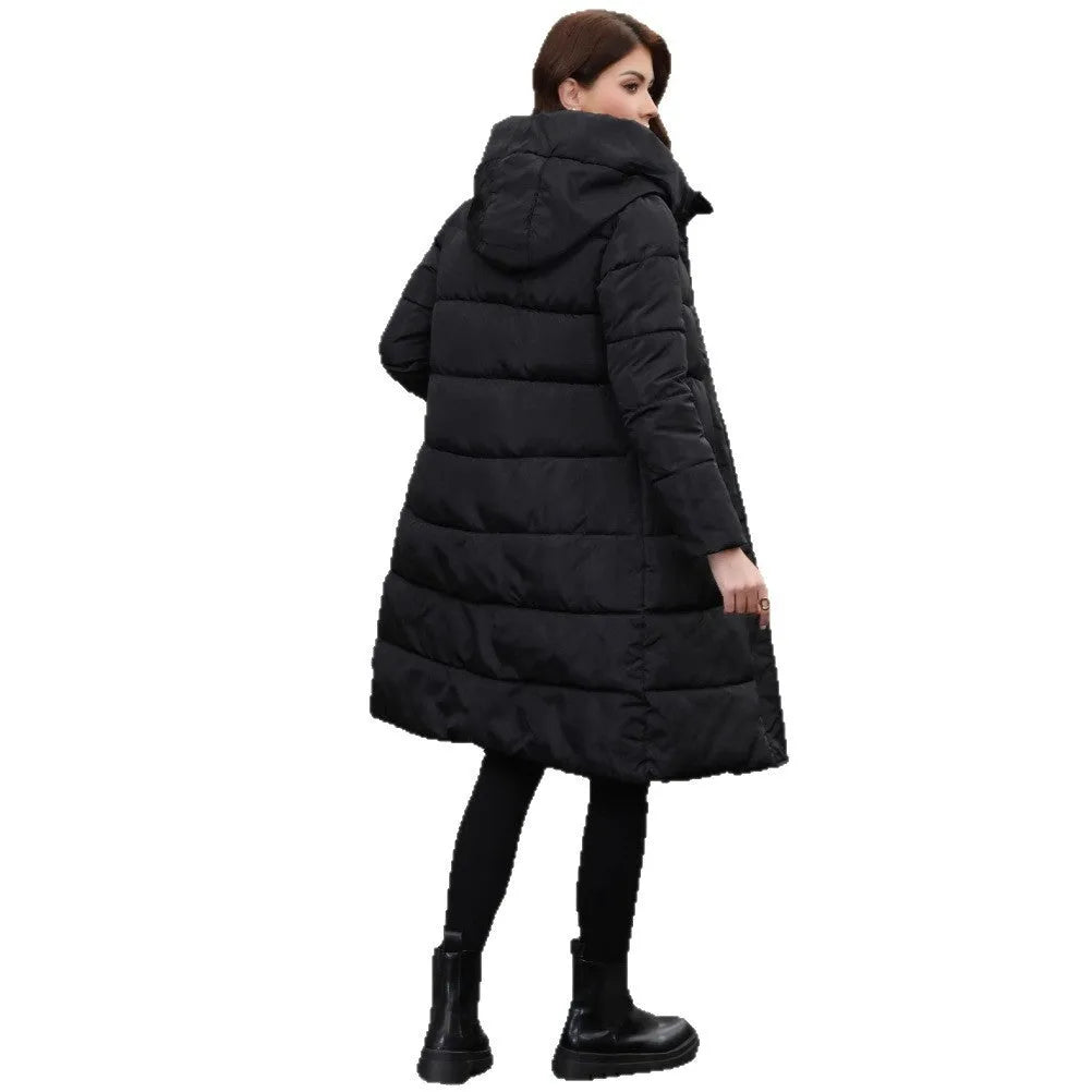 Black men's hooded slim fit jacket with long sleeves and cold-resistant thickened polyester fabric