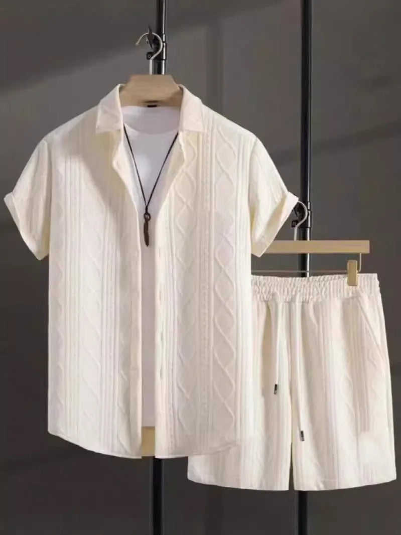 Men's jacquard short sleeve suit with matching shorts in solid colour options