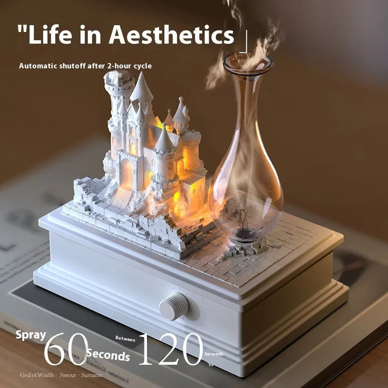 White Medieval Castle ornament aromatherapy machine with ambient light, showing size and detail.