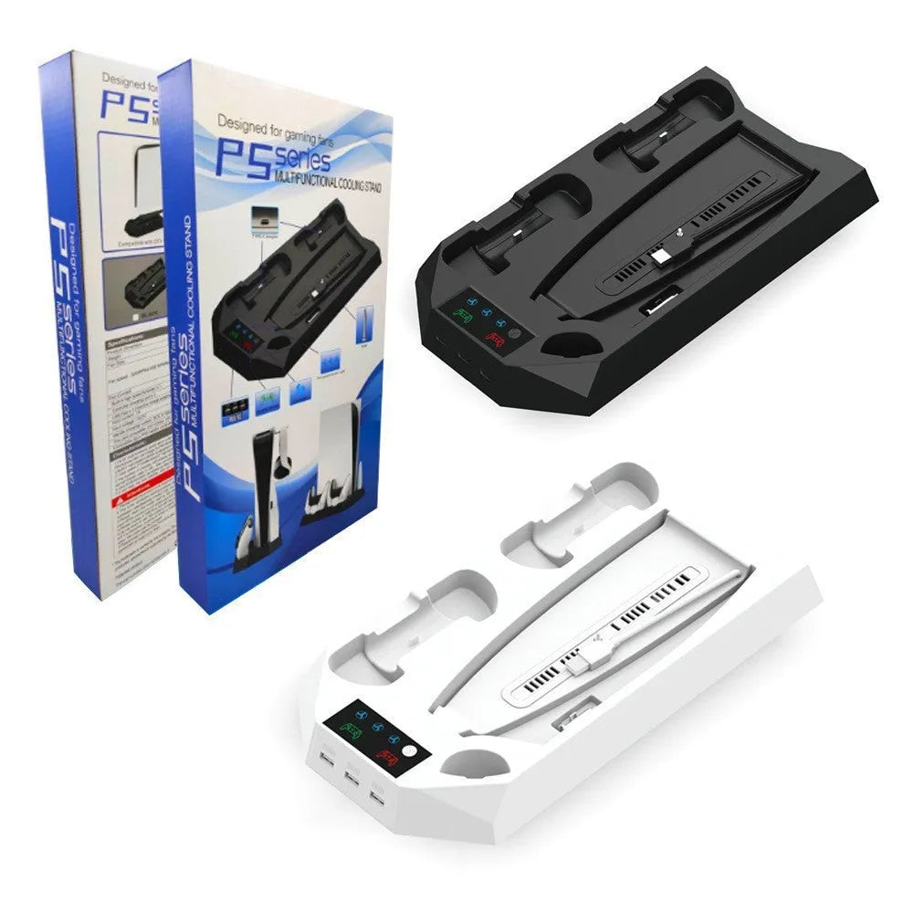 PS5 charging base radiator with storage compartments for controller, remote, and headset