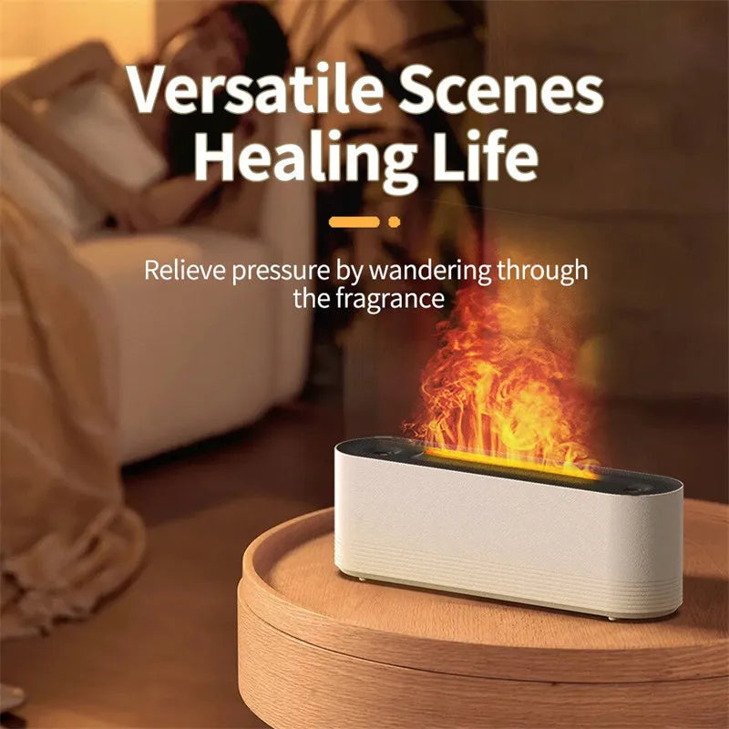 Flame air humidifier diffuser with LED lights showing flame effect, black colour, USB cable