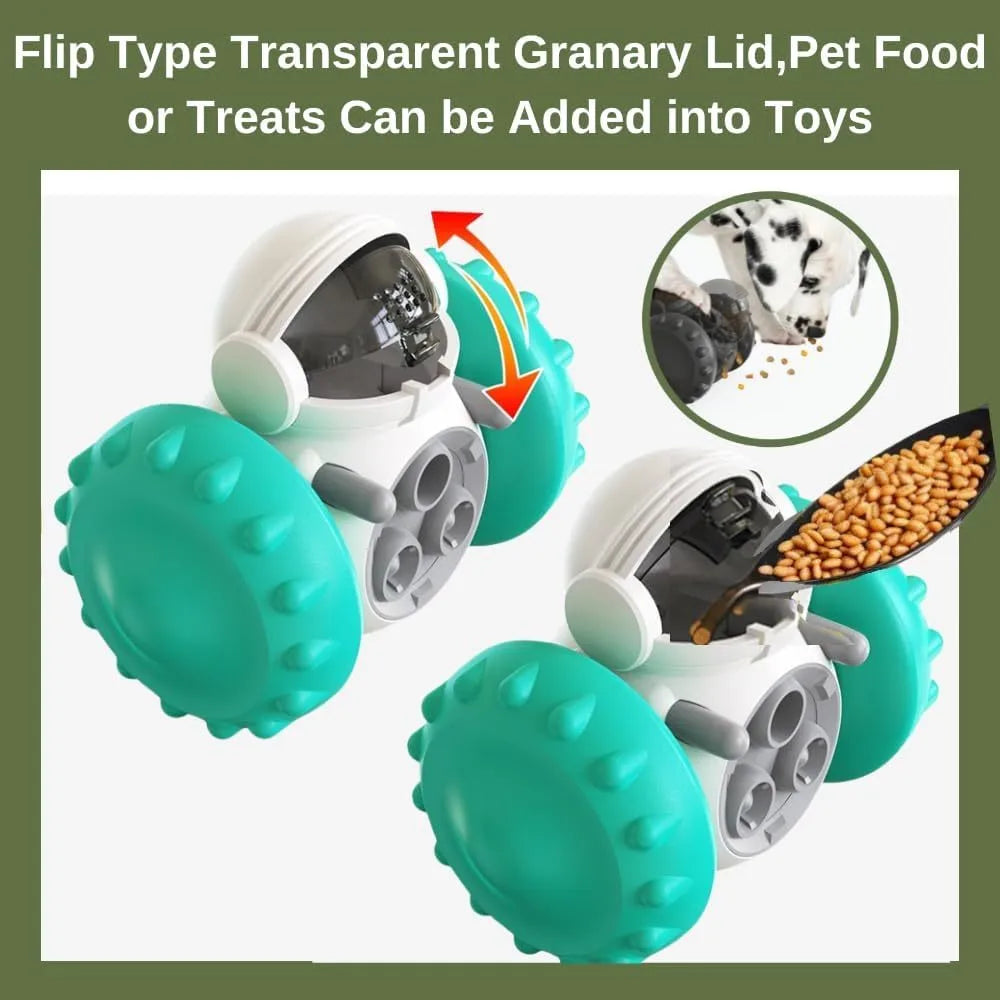 Self-balancing dog treat dispenser toy for small pets in robot design with roller system