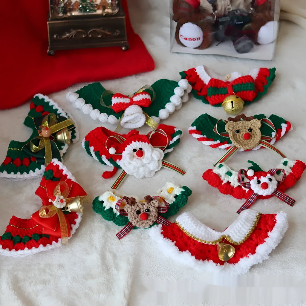 Knitted wool Christmas pet scarf with Santa Claus pattern for dogs and cats in holiday red and green colours
