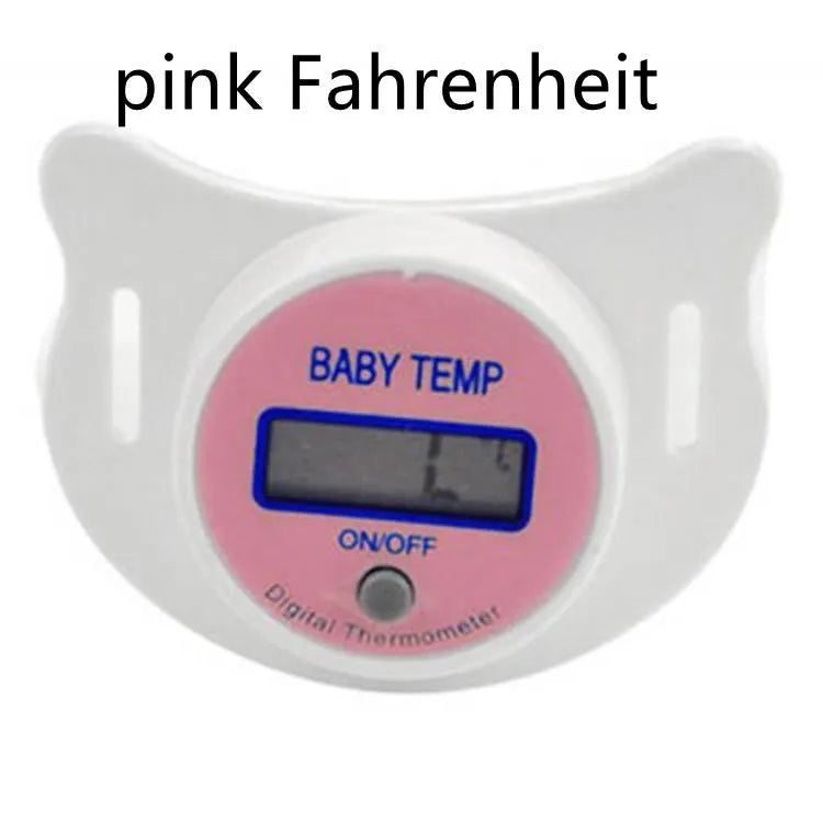 Blue and pink digital baby pacifier thermometers showing LCD temperature display