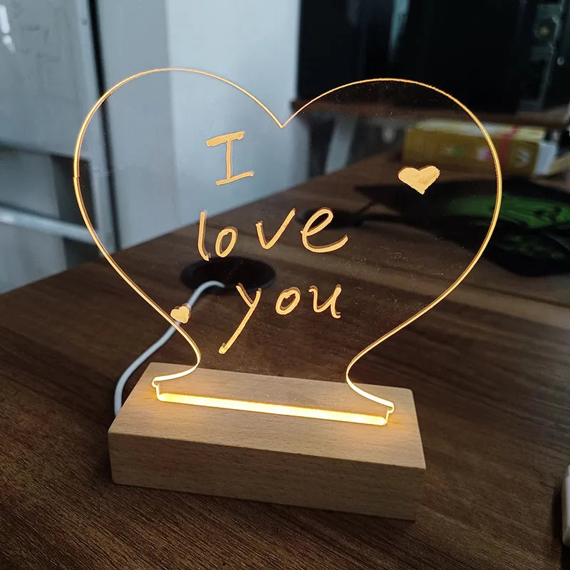 USB message board lamp with LED night light showing transparent acrylic surface with handwritten note