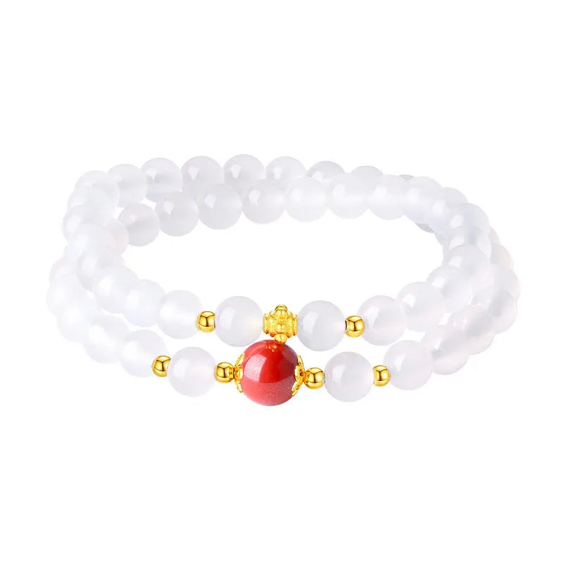 Women's double layer white agate bracelet with 6mm polished beads in geometric national style