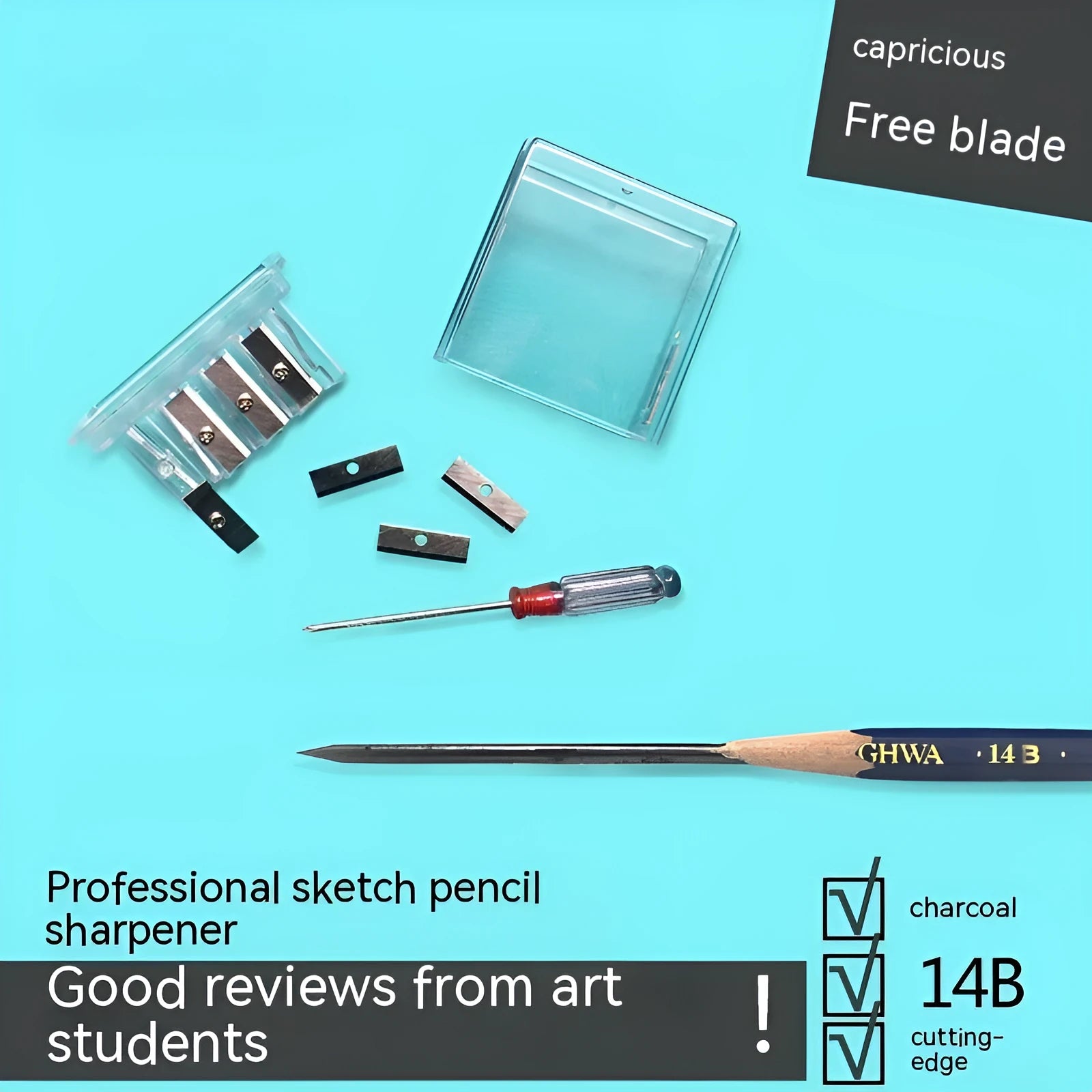 Geometric plastic pencil sharpener with four different sized sharpening holes.