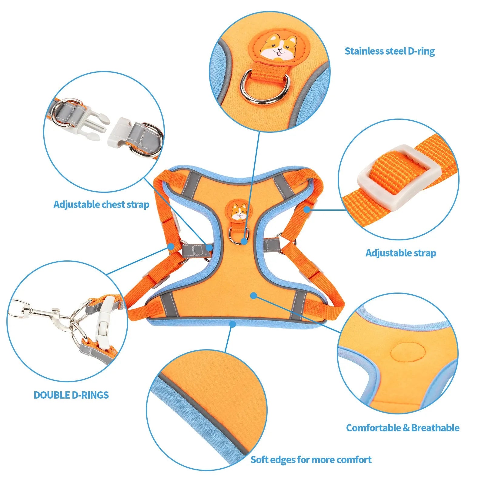 Adjustable dog harness vest with haulage rope in one of six colours: purple, blue, orange, red, brown, or green.