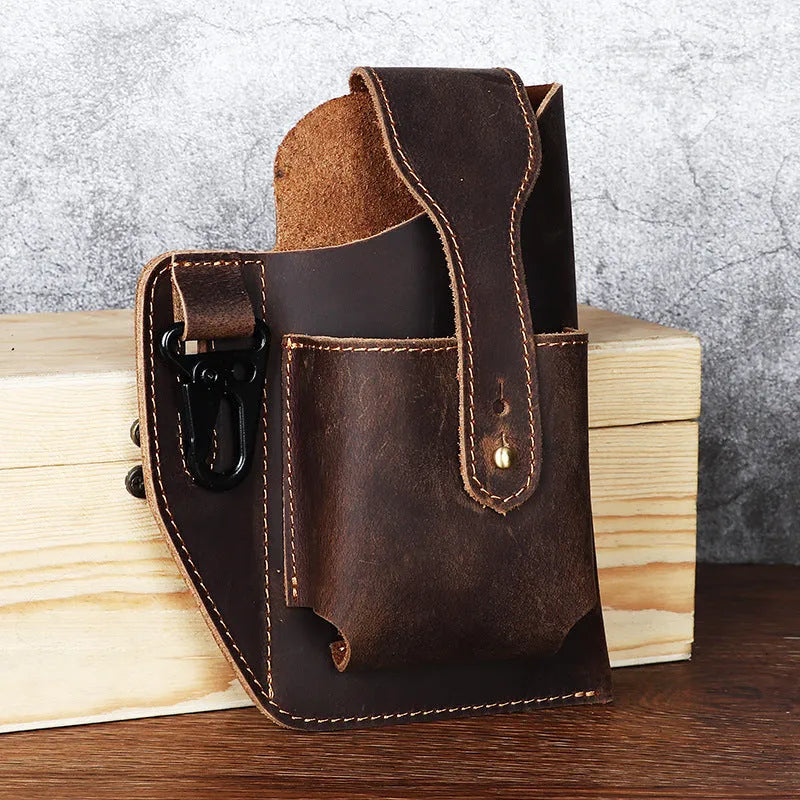 Men's retro leather phone hanging belt bag in cowhide leather with car suture detailing