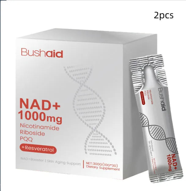 Two sealed sachets of anti-aging drink powder with a glass of prepared beverage, total net weight 300g.
