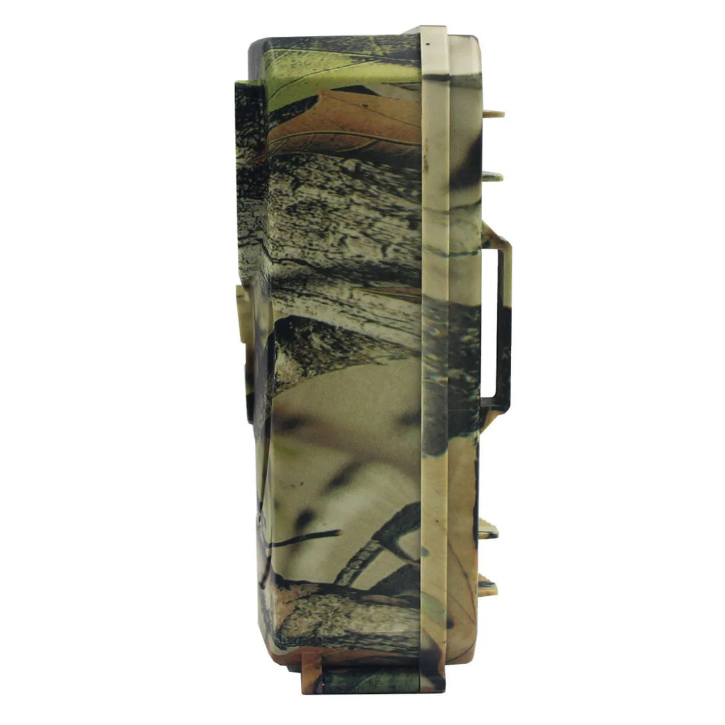 Yellow brown plastic hunting game camera with infrared LEDs and lens for outdoor wildlife monitoring
