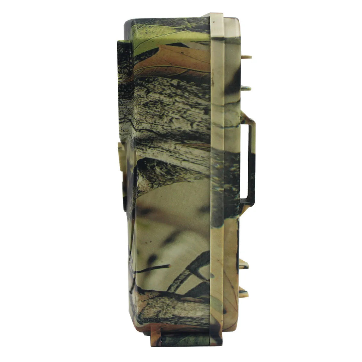 Yellow brown plastic hunting game camera with infrared LEDs and lens for outdoor wildlife monitoring