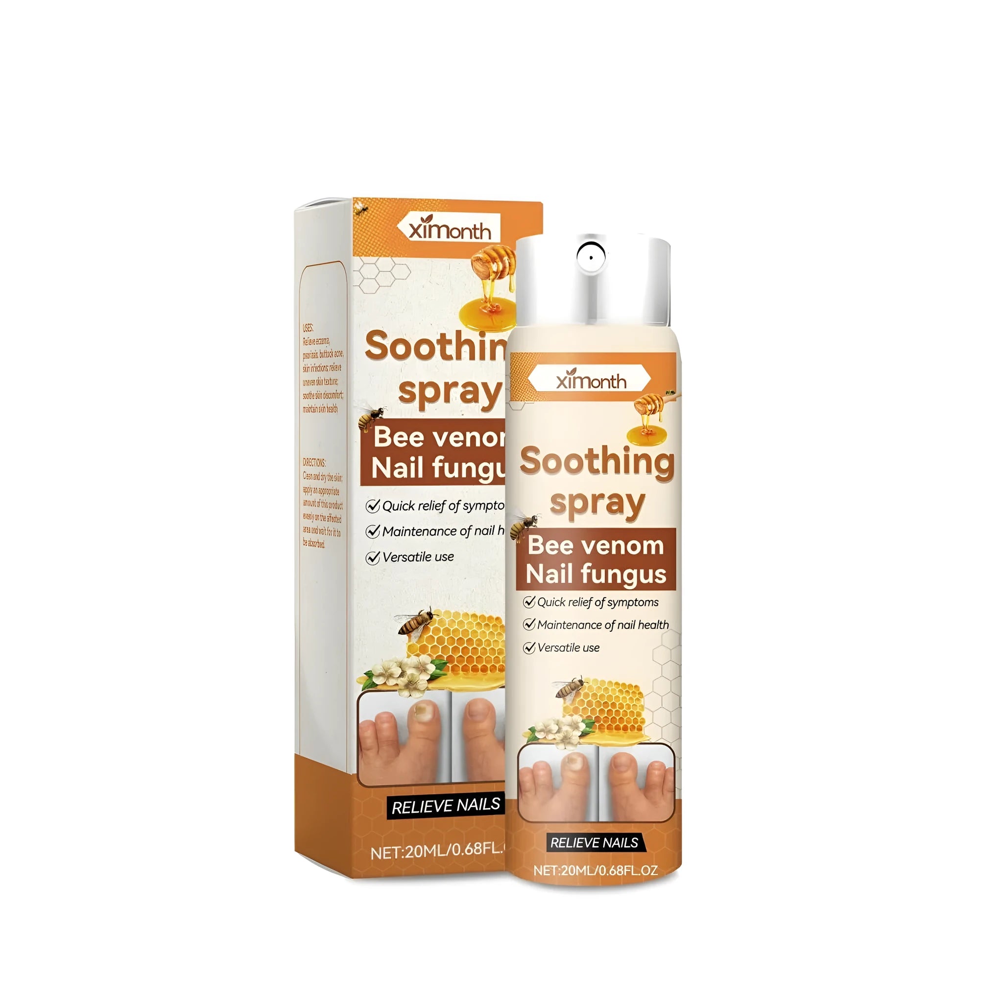 20ml nail care spray bottle with ingredients including Centella asiatica and bee venom