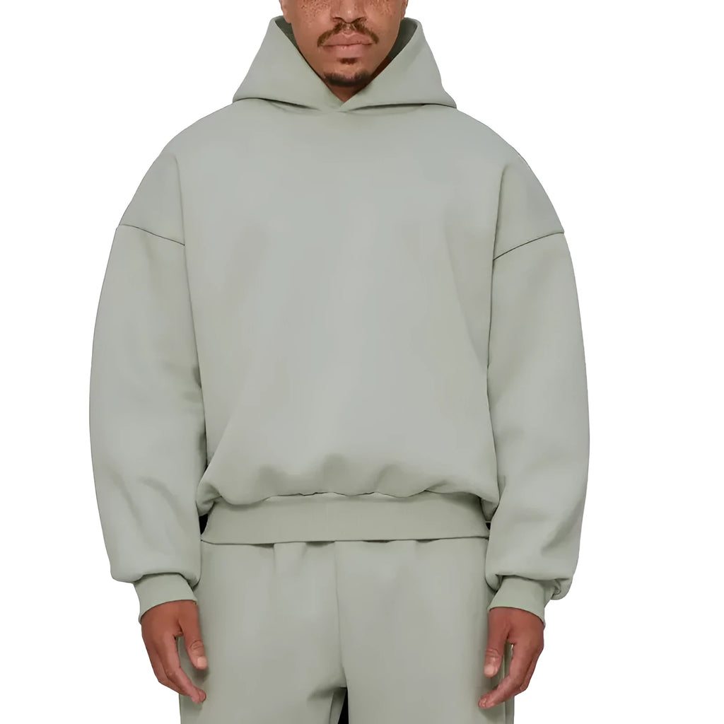 Men's solid colour fleece-lined cotton hoodie sweatshirt with a wool lining, shown in grey.