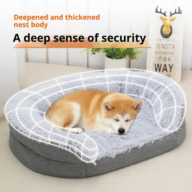 Gray plush dog kennel large size oval open nest with cloth interior