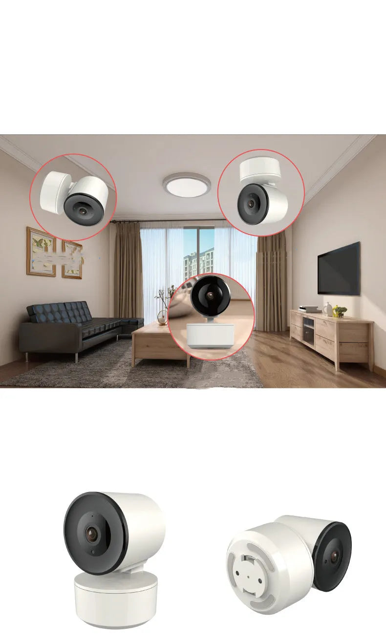 Indoor smart wifi security camera with 1080P HD, shown with power adapter.