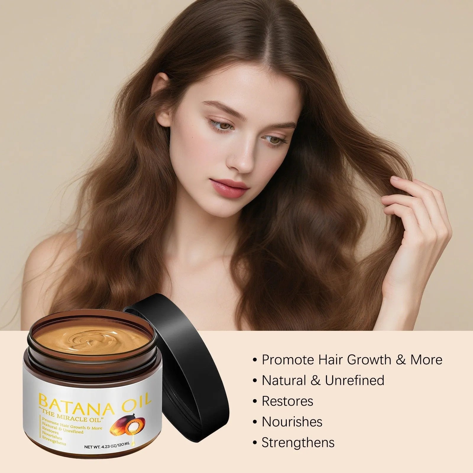 Batana Hair Mask 120 ml bottle for frizzy hair repair with herbal fragrance