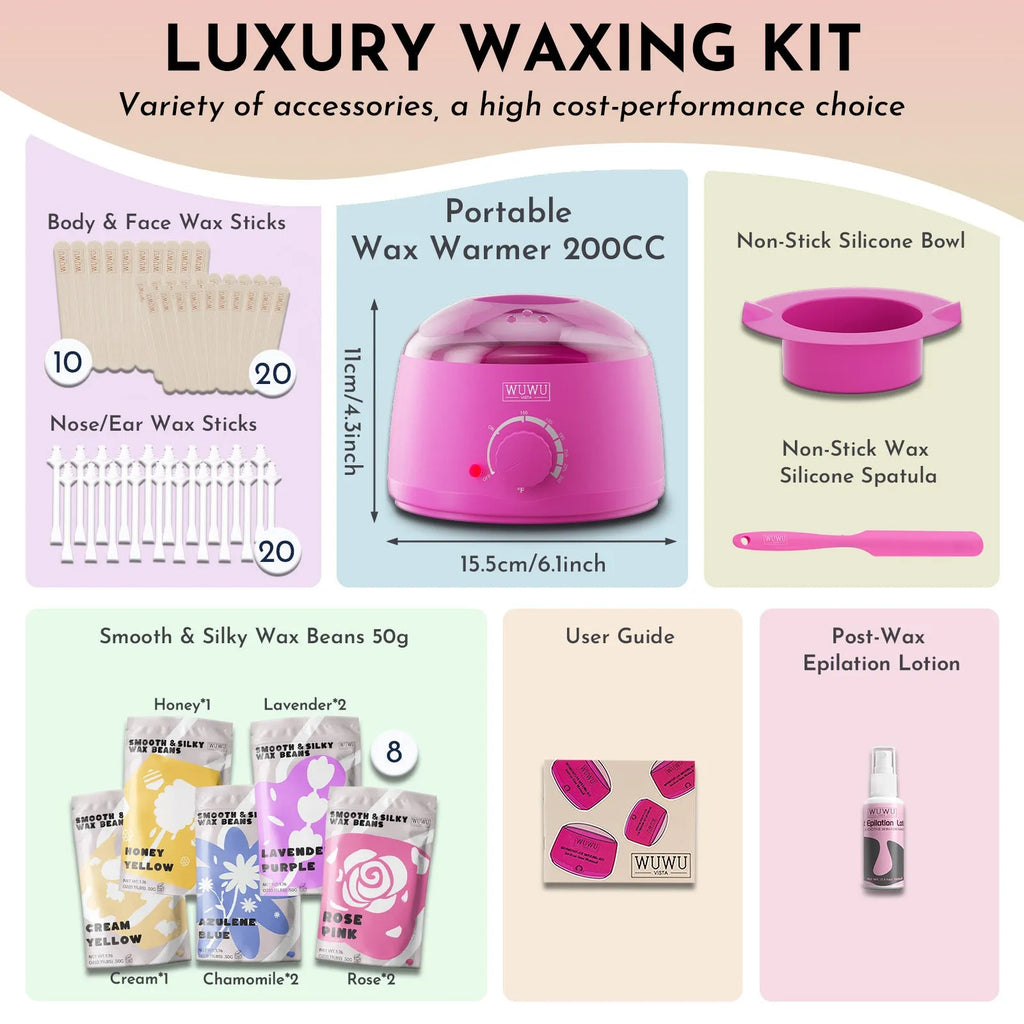 WUWUVISTA 63-piece waxing kit with black wax warmer, wax beads, applicator sticks, and lotion