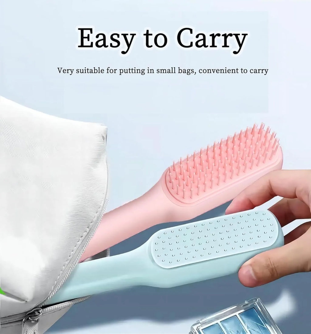 Blue, pink, and white dual-sided soft bristle brush for grooming small dogs