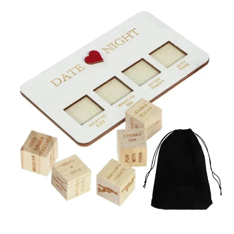 Wooden date night dice set showing five dice, planner board and black storage bag for couples