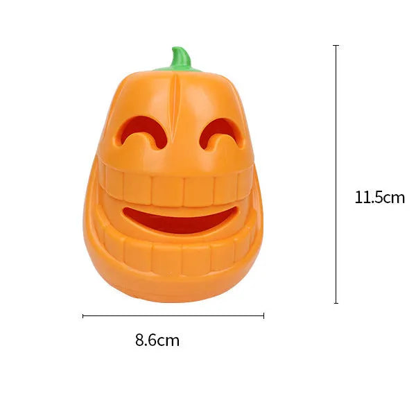 Orange Halloween pumpkin shaped dog chew toy with a black treat-dispensing funnel on top.