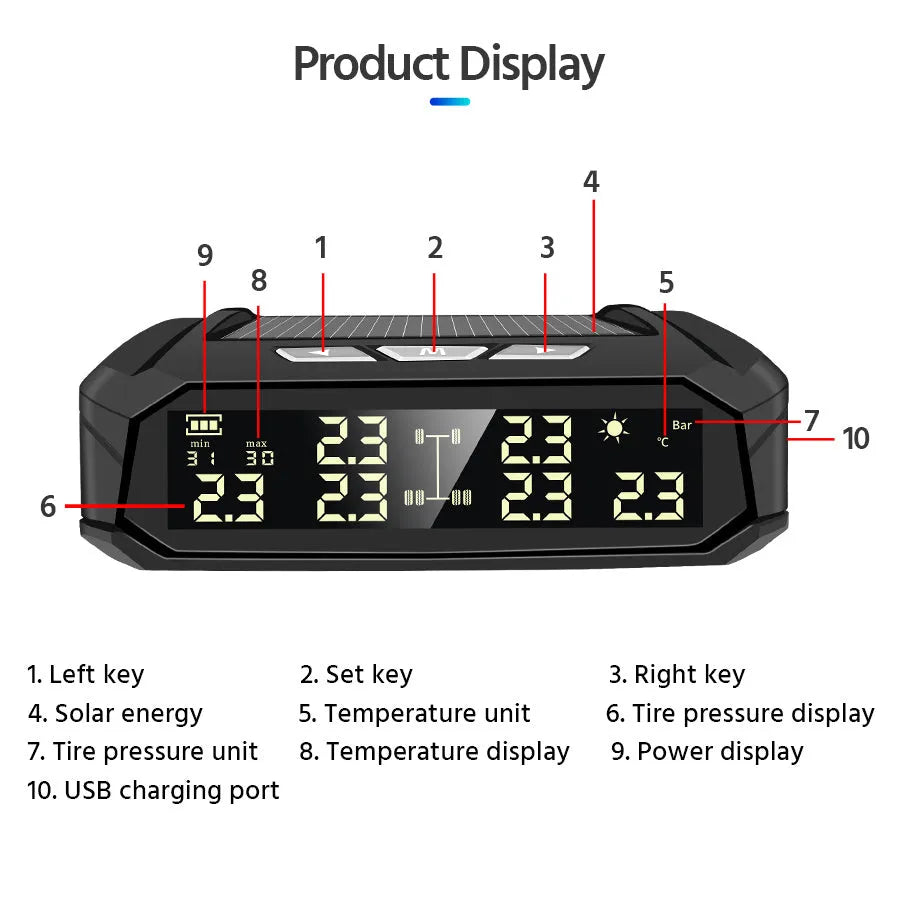 Solar external tyre pressure monitor with colour screen and six sensors for trucks
