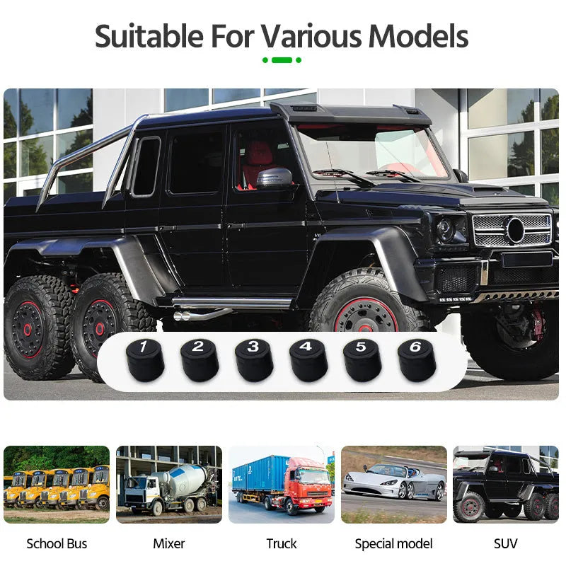 Solar external tyre pressure monitor with colour screen and six sensors for trucks