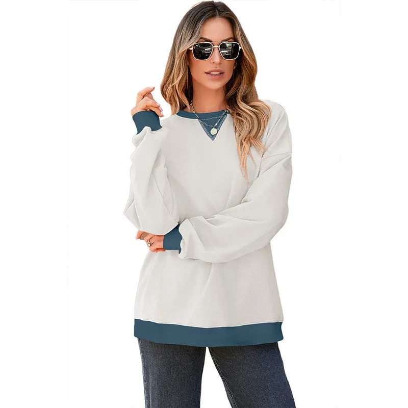 Women's colour contrast patchwork pullover sweater in white with brown sleeves, loose fit, long sleeves, round neck