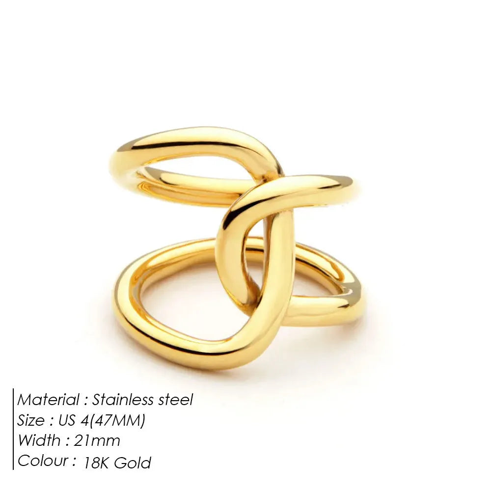 Women's adjustable stainless steel ring with geometric knot design on U-shaped opening