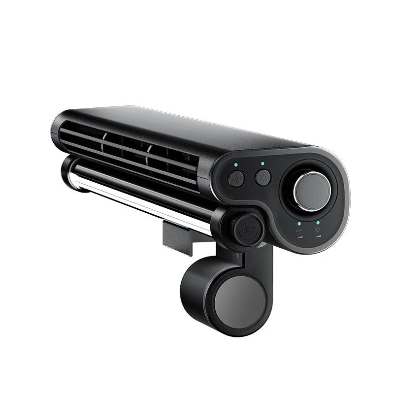 Black USB-powered bladeless fan clipped to a computer screen, showing integrated lighting lamp.