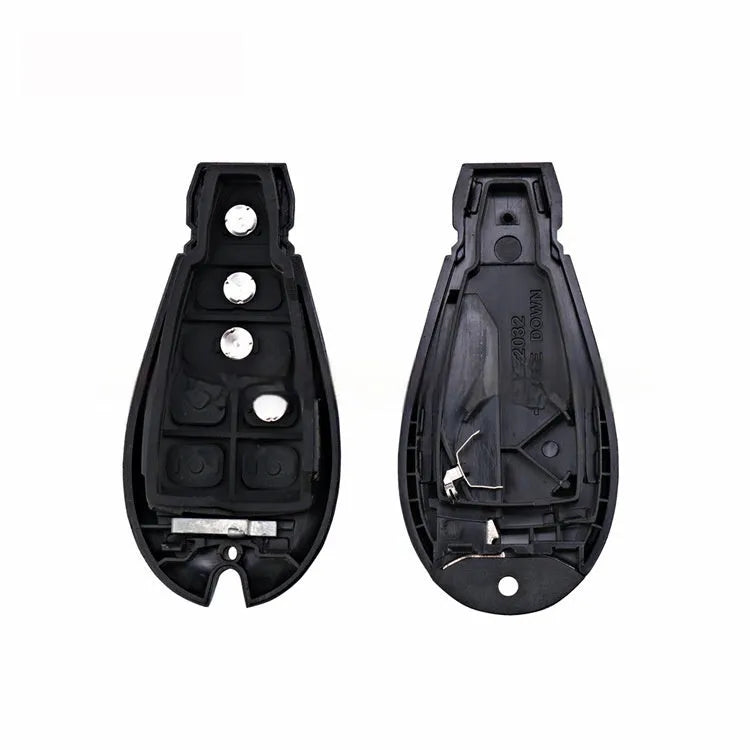 Dodge Chrysler replacement key fob shell case showing ABS brass and nylon construction, 85mm long.