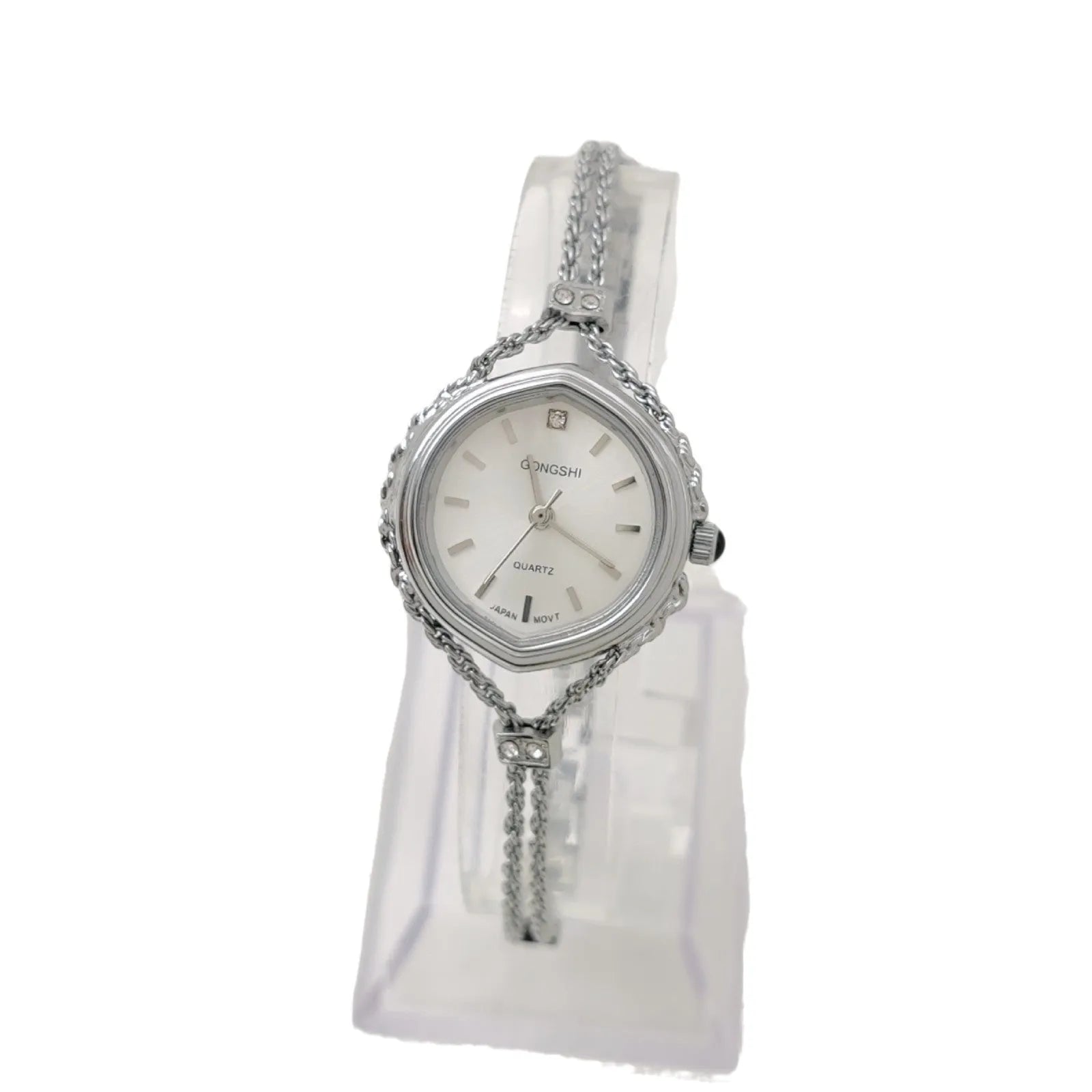 Gold and silver women's quartz watch with 25mm dial on a metal chain strap