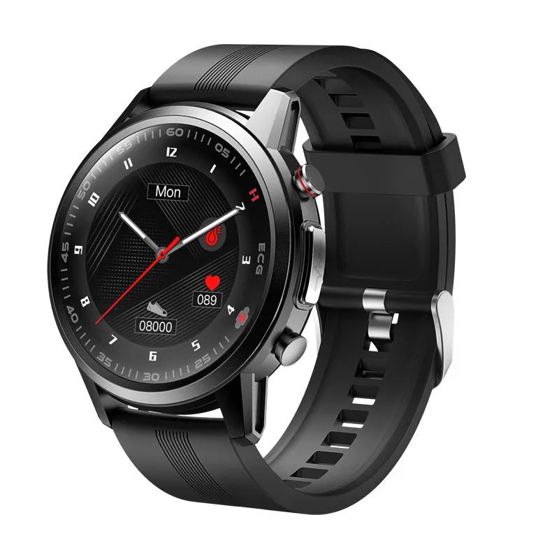 F800 black ECG blood pressure sports smart watch with 1.3 inch screen and TPU strap.