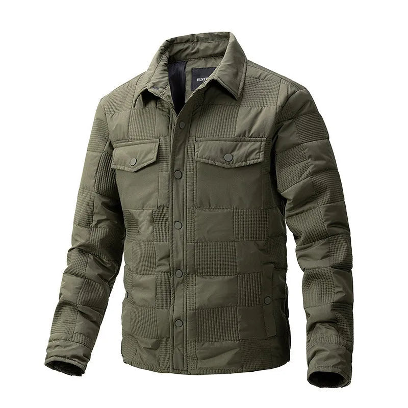 Men's quilted cotton jacket with polo collar in army green colour showing business casual styling