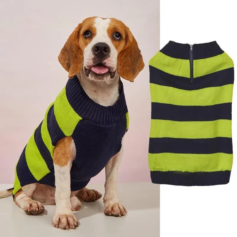 Grey dog jumper with contrasting colour trim, horizontal front zipper, and button-secured chest pocket