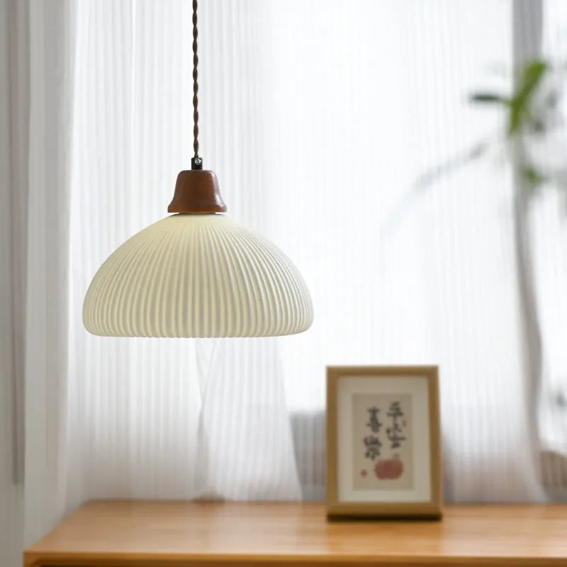 Solid wood and ceramic Japanese-style chandelier with short mushroom shade for study or bedroom ceiling
