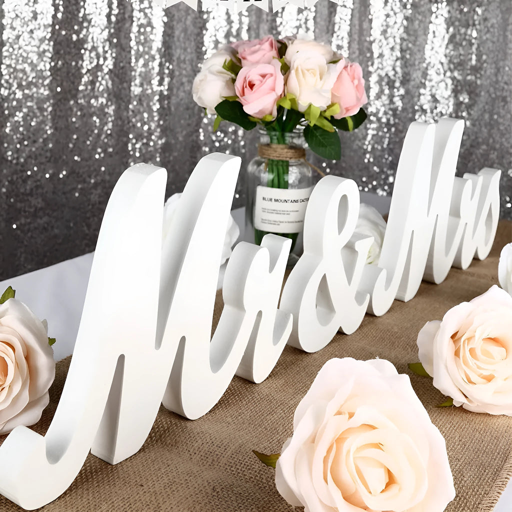 White wooden MR MRS decoration with creative English letters on density plate
